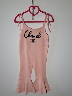 CHANEL Pale Pink Ribbed Tie-Strap Jumpsuit with Flared Hem